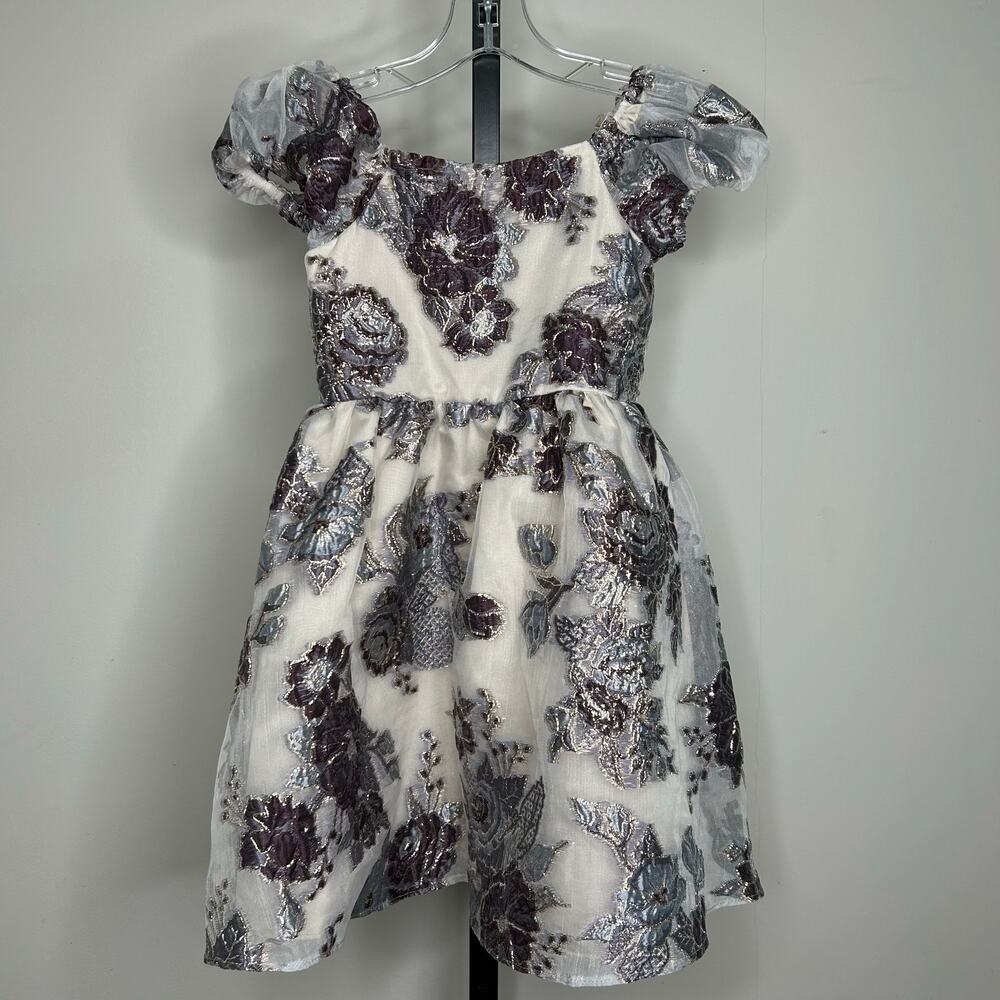 Rare Editions Girls Dress-6 girl-floral with metallic, fully‎ lined puff sleeves